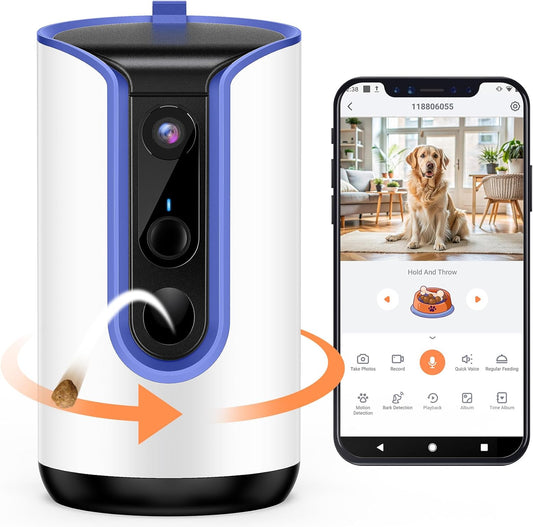 2K Pet Camera Security Dogs Camera, On-Device AI Tracking and Pet Monitoring, 360° View, with Treat Dispenser, Local Storage, 2-Way Audio, Phone App, Motion Alert